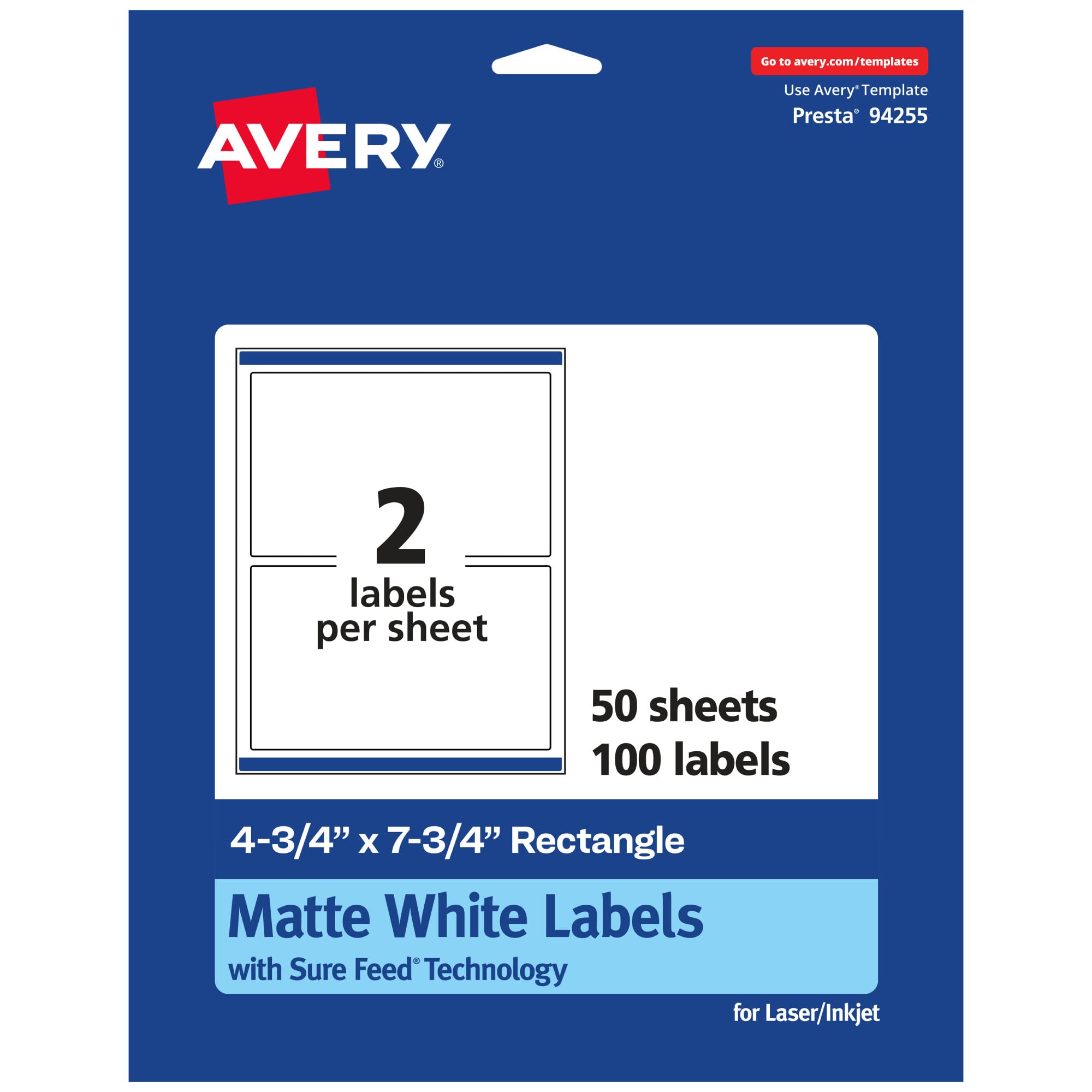 Avery Matte White Rectangle Labels, Sure Feed Technology, 4.75" x 7.75"