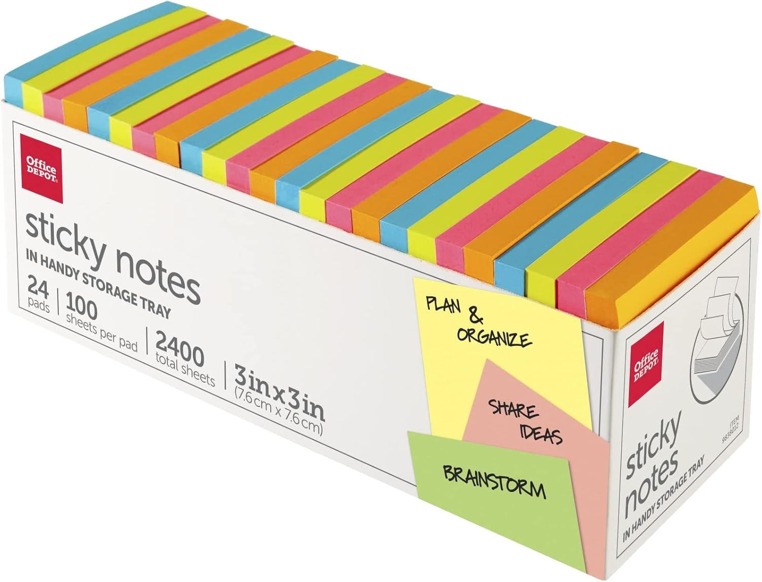 Office Depot® Brand Sticky Notes, With Storage Tray, 3" x 3", Assorted Neon Colors, 100 Sheets Per Pad, Pack Of 24 Pads