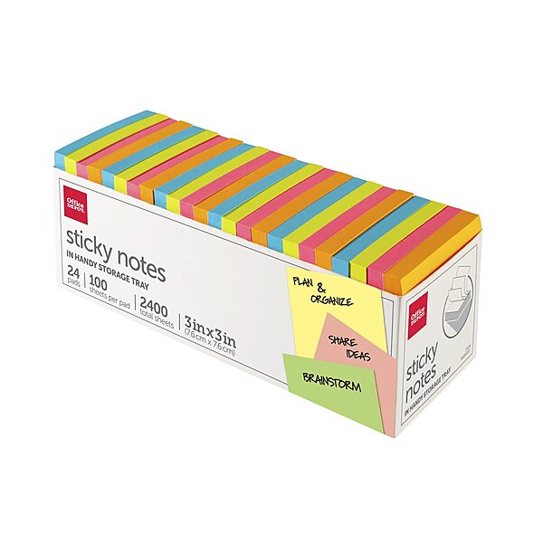 Office Depot® Brand Sticky Notes, With Storage Tray, 3" x 3", Assorted Neon Colors, 100 Sheets Per Pad, Pack Of 24 Pads
