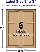 Avery Kraft Brown Square Labels, Sure Feed Technology, 3" x 3", Print-to-The-Edge, Laser/Inkjet Printable