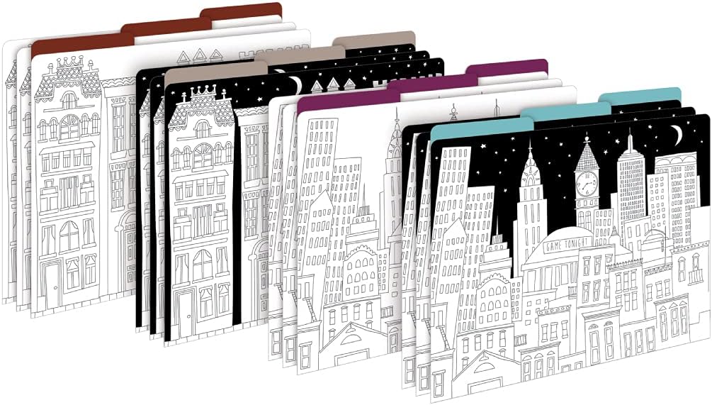 Barker Creek Designer File Folders Set of 12, Color Me! Cityscapes, Multi-Design, Adult Coloring Book Style, Letter Size