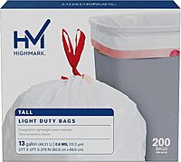 Highmark Tall 0.6 mil Drawstring Kitchen Trash Bags, 13 Gallon, 27.375in x 24in, White, Box Of 200
