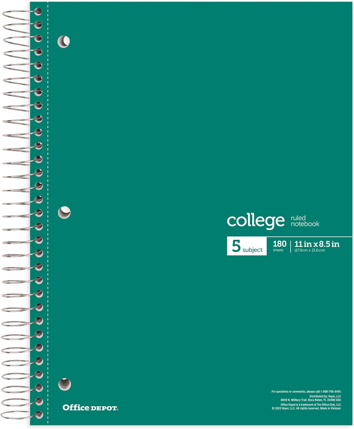 Office Depot® Wirebound Notebooks, 8 1/2" x 11", 5 Subjects, College Ruled, 180 Sheets, Assorted Colors, Pack Of 6 Notebooks