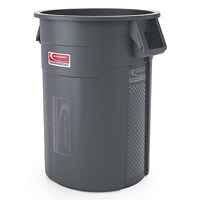 Suncast Commercial Utility Trash Can with Vented Channels, Ergonomic Handles, Rolled Upper Lip, Made in The USA