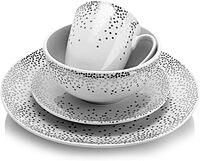 Gibson Platinum Dots 16-Piece Round Ceramic Dinnerware Set, White/Silver