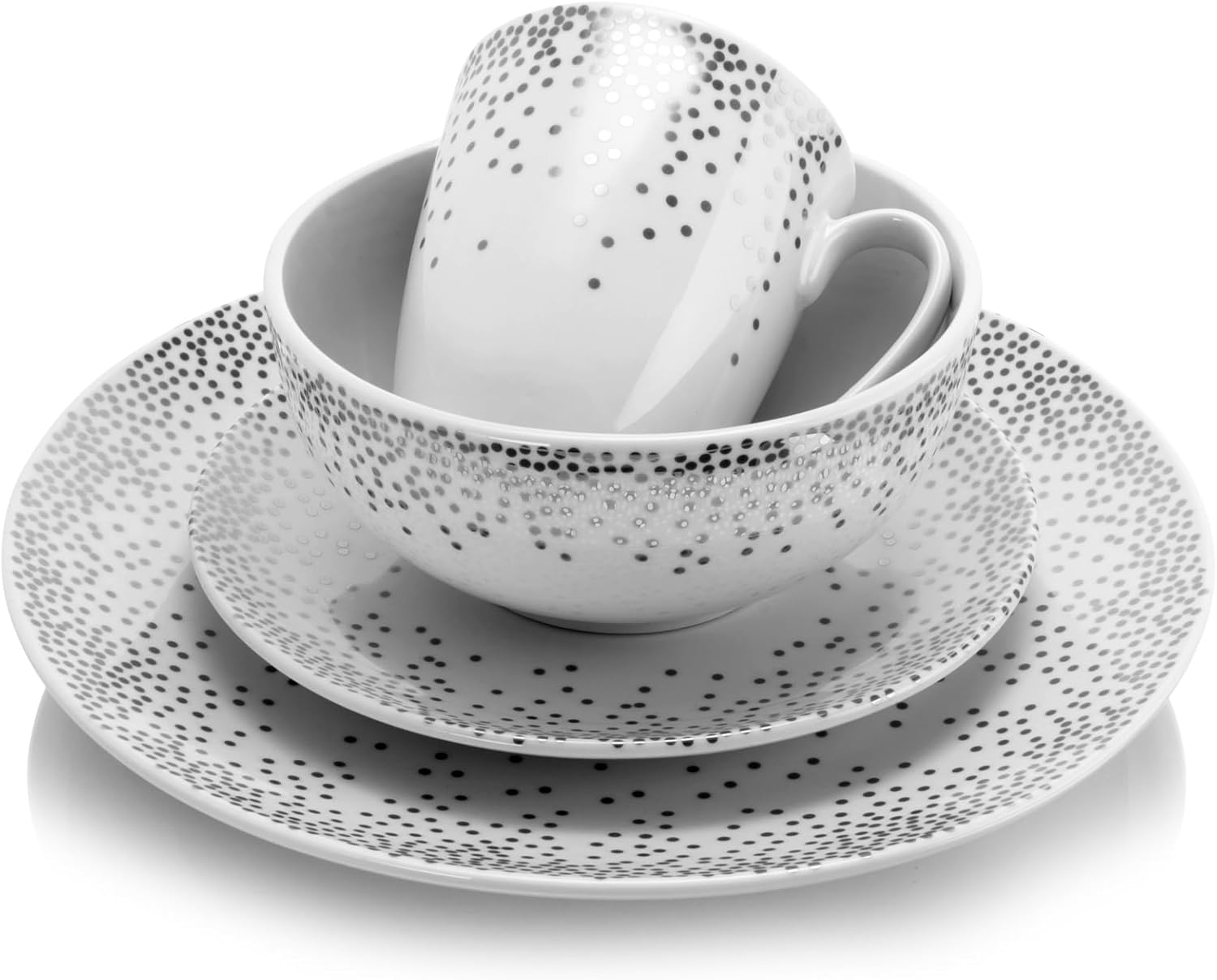 Gibson Platinum Dots 16-Piece Round Ceramic Dinnerware Set, White/Silver