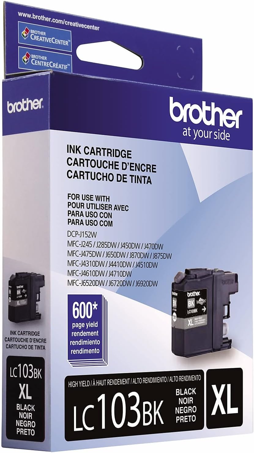 Brother Genuine High Yield Black Ink Cartridge, LC103BK, Replacement Black Ink, Page Yield Up to 600 Pages