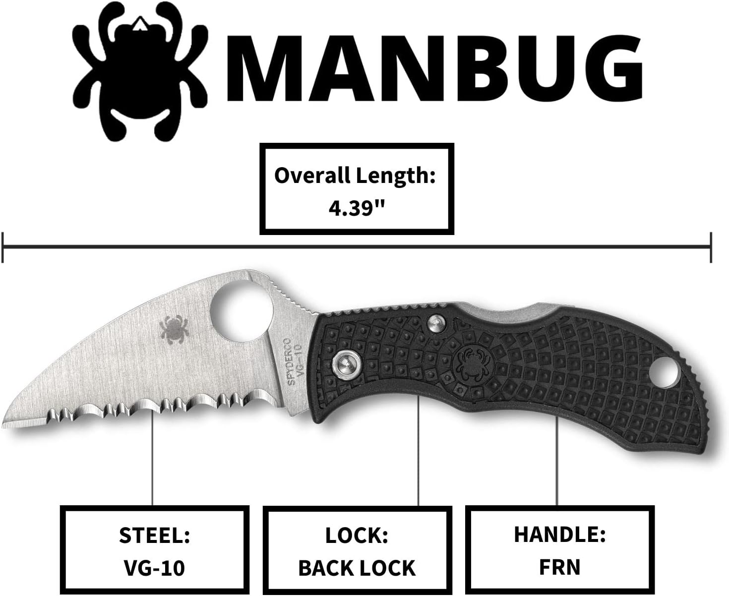 Spyderco Manbug Wharncliffe Folding Pocket Knife with 1.9" VG-10 Steel Blade and FRN Handle - EDC Knife for Men and Women