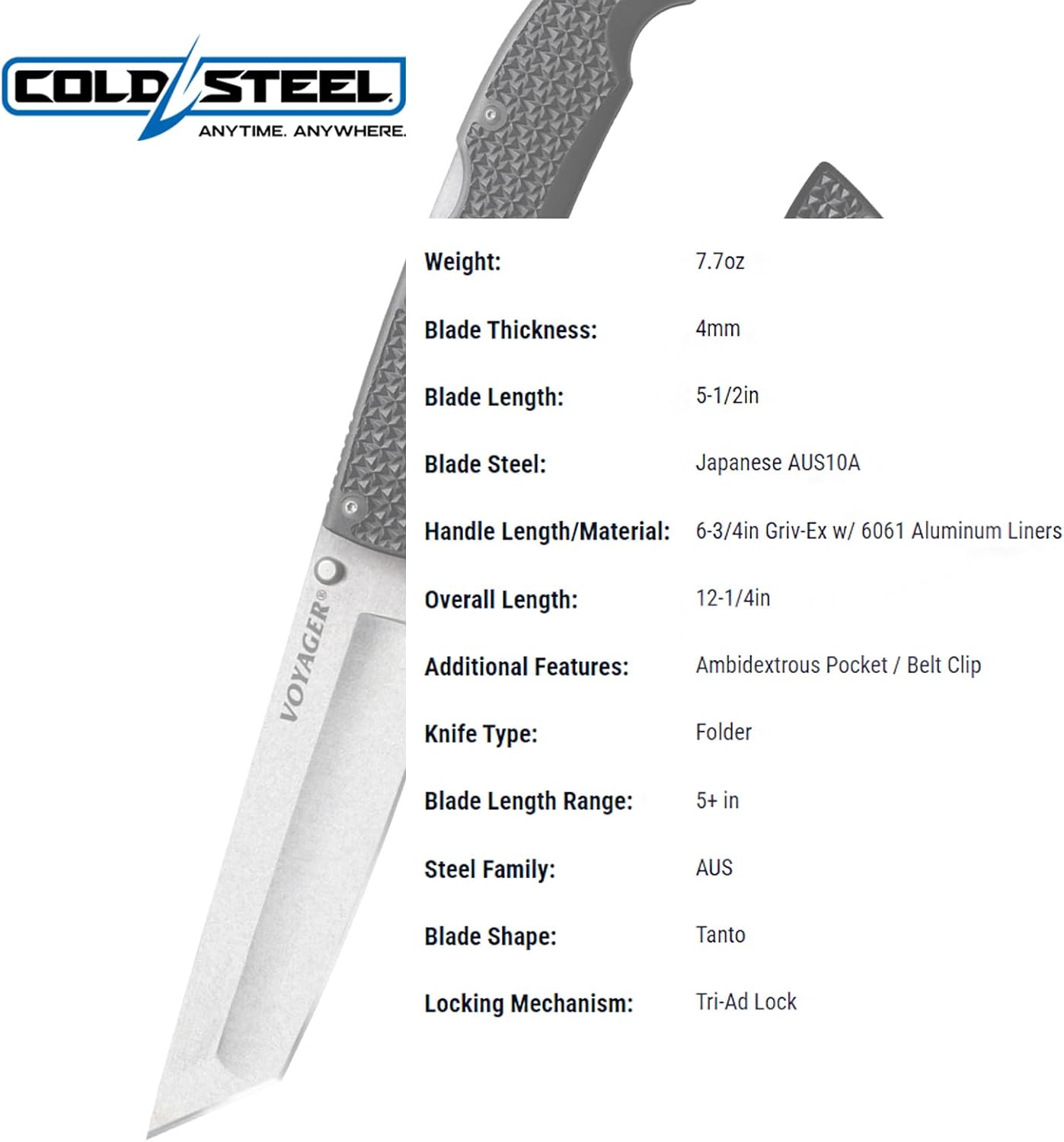 COLD STEEL XL Voyager 5.5 AUS10A Tanto Folding Knife with Griv-Ex Handle & Tri-Ad Lock