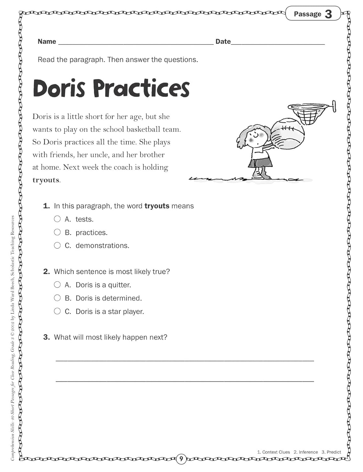 Scholastic Comprehension Skills: 40 Short Passages For Close Reading, Grade 3