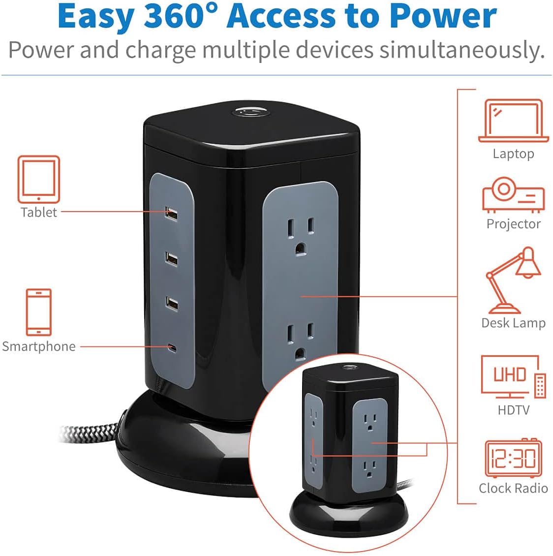 Tripp Lite TLP606UCTOWER Surge Protector Tower with USB Ports, 1800 Joules, 6-Outlets, 3 USB-A + 1 USB-C, 8ft Cord