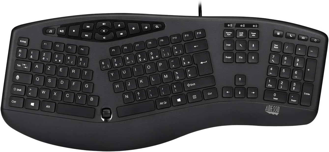 AKB-160UB Wired Ergonomic Keyboard with Integrated Palm Rest, Chiclet Keycaps, and Multimedia Hotkeys