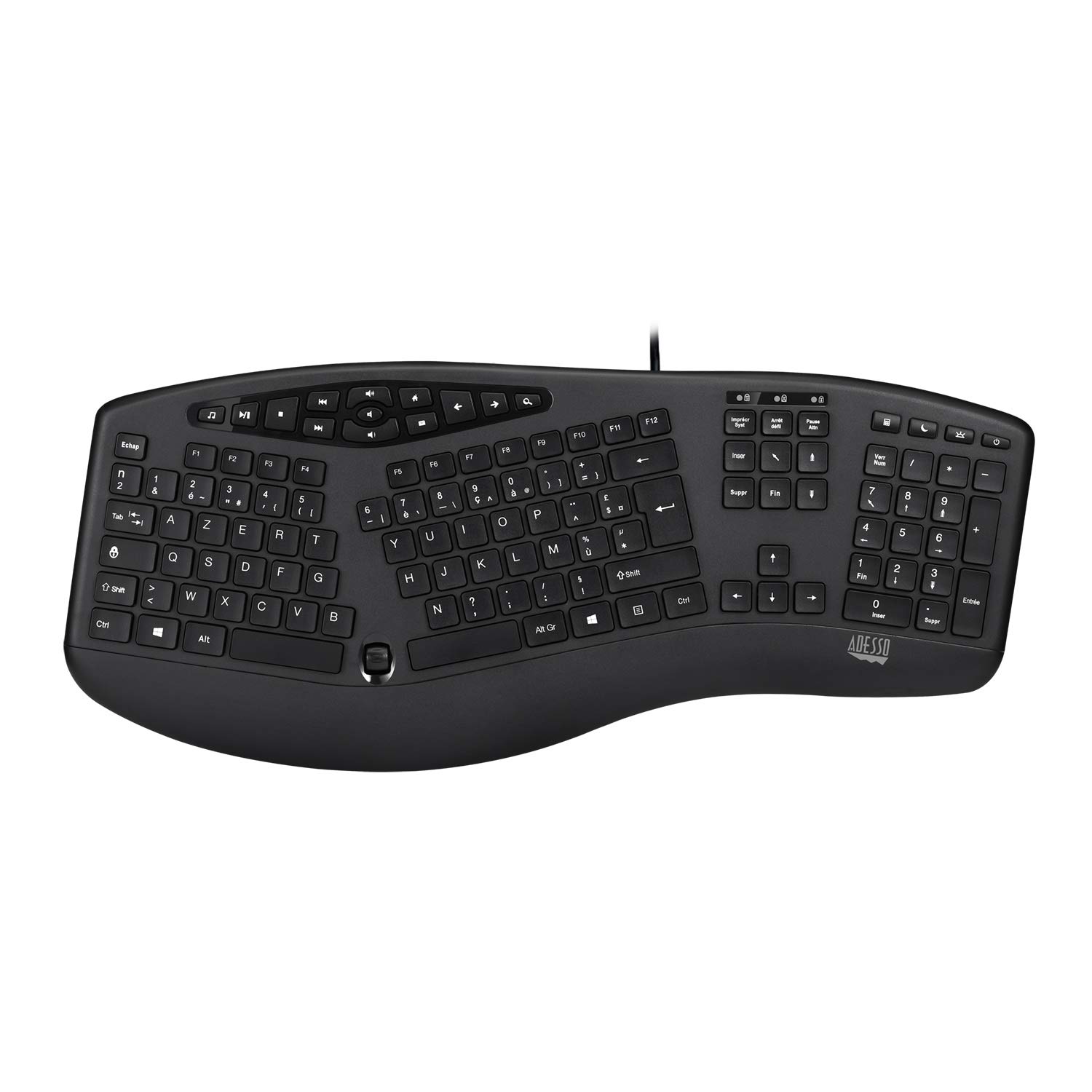 AKB-160UB Wired Ergonomic Keyboard with Integrated Palm Rest, Chiclet Keycaps, and Multimedia Hotkeys