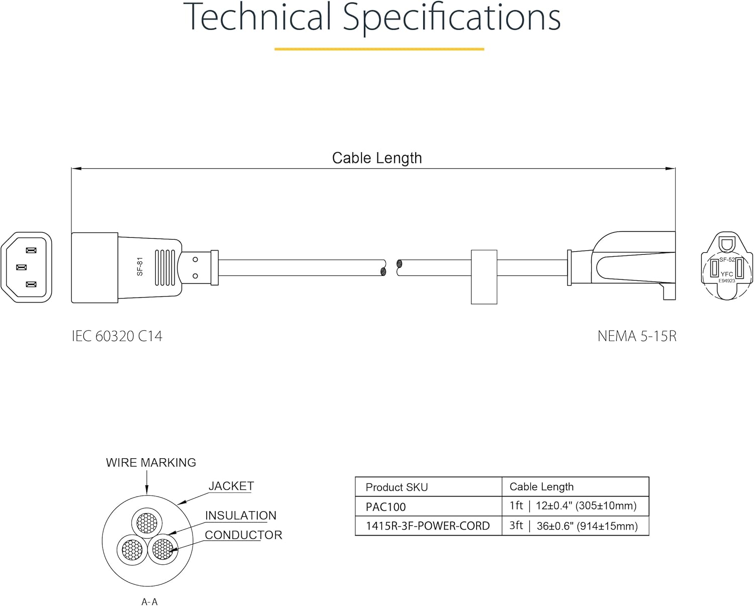 StarTech.com IEC 320 C14 to NEMA 5-15R Power Extension Cord, 18AWG 125V/10A