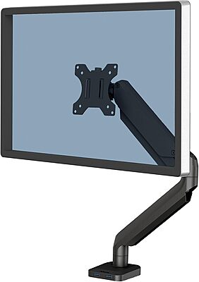 Fellowes Platinum Series Single Monitor Arm for 40-Inch Monitors, Full Motion, 360° Rotation, VESA Mount with Grommet or Clamp, USB Ports, Ergonomic, Black, 8043301