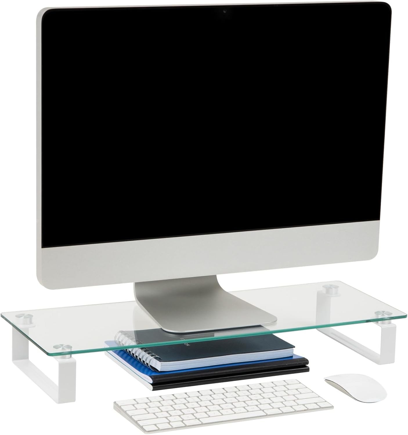 Mind Reader Monitor Stand, Contemporary, Desktop Organizer, Laptop Riser, Office, Glass, 22" L x 8.25" W x 3" H, Clear