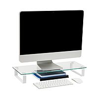 Mind Reader Monitor Stand, Contemporary, Desktop Organizer, Laptop Riser, Office, Glass, 22" L x 8.25" W x 3" H, Clear