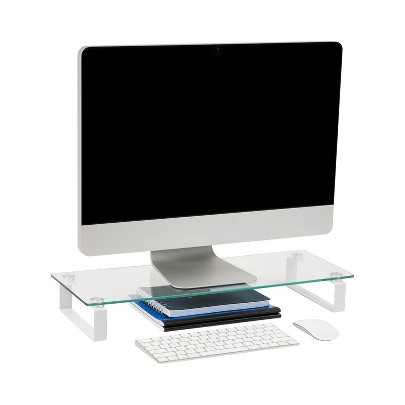 Mind Reader Monitor Stand, Contemporary, Desktop Organizer, Laptop Riser, Office, Glass, 22" L x 8.25" W x 3" H, Clear