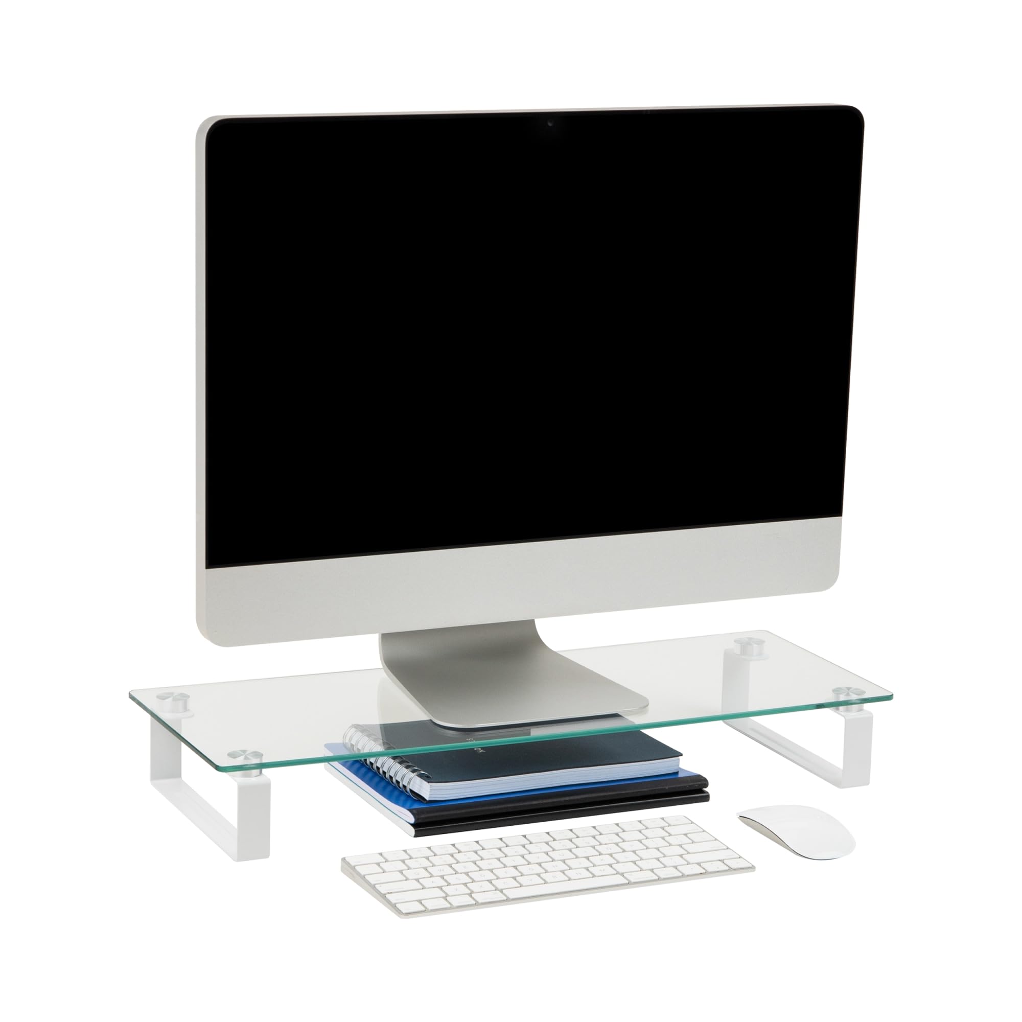 Mind Reader Monitor Stand, Contemporary, Desktop Organizer, Laptop Riser, Office, Glass, 22" L x 8.25" W x 3" H, Clear