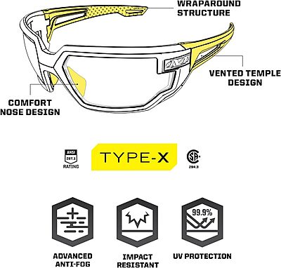 Mechanix Wear: Vision Type-X Safety Glasses with Advanced Anti Fog, Scratch Resistant, Fire Mirror Lens