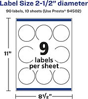 Avery Glossy White Round Labels, Sure Feed Technology, 2.5" Diameter, Print-to-The-Edge, Permanent Adhesive, Laser/Inkjet Printable