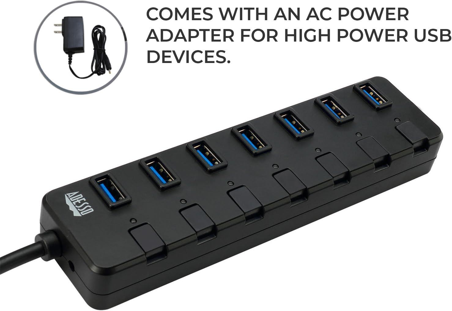 Adesso 7-Port USB 3.0 Hub with Individual Power Switch & Power Adapter