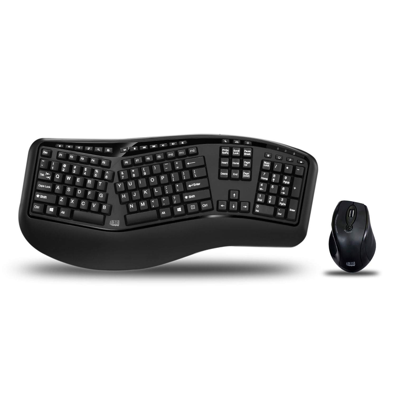 WKB-1500GB - Wireless Ergonomic Desktop Keyboard and Laser Mouse with Split Keys Design and Palm Rest for Comfort