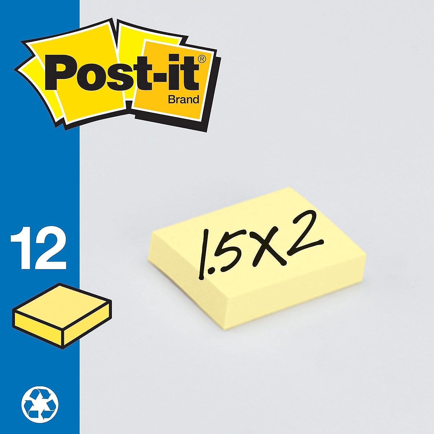 Post-it Greener Notes, 1.5x2 in, 12 Pads, America's #1 Favorite Sticky Notes,Canary Yellow, Clean Removal