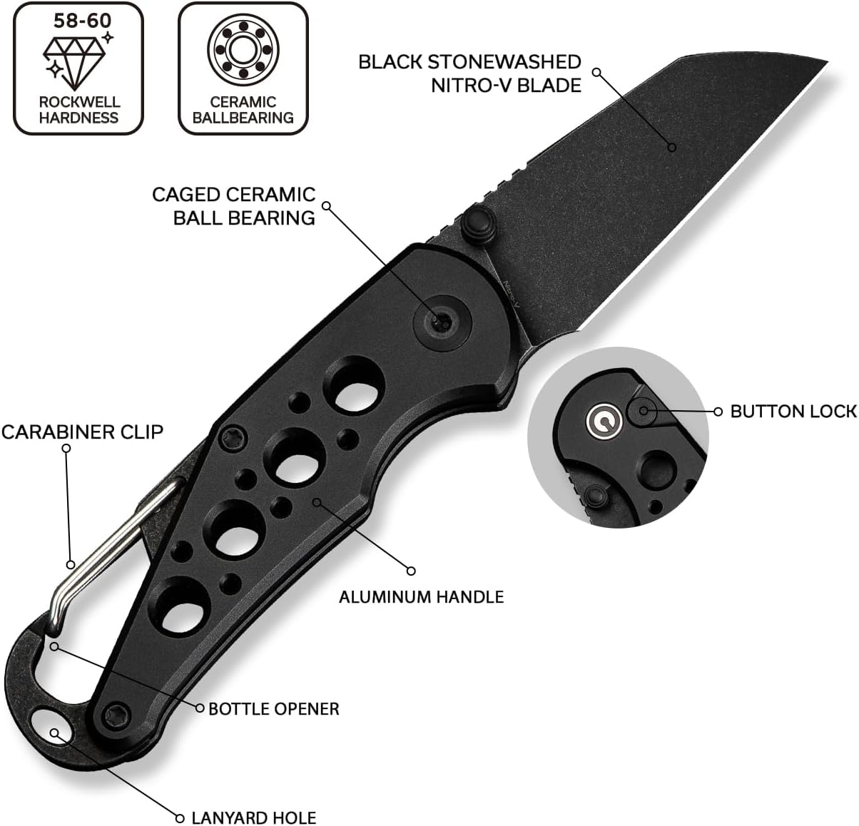 CIVIVI Pragma Folding Knife 2.2" Wharncliffe, Aluminum Handle, Carabiner & Bottle Opener