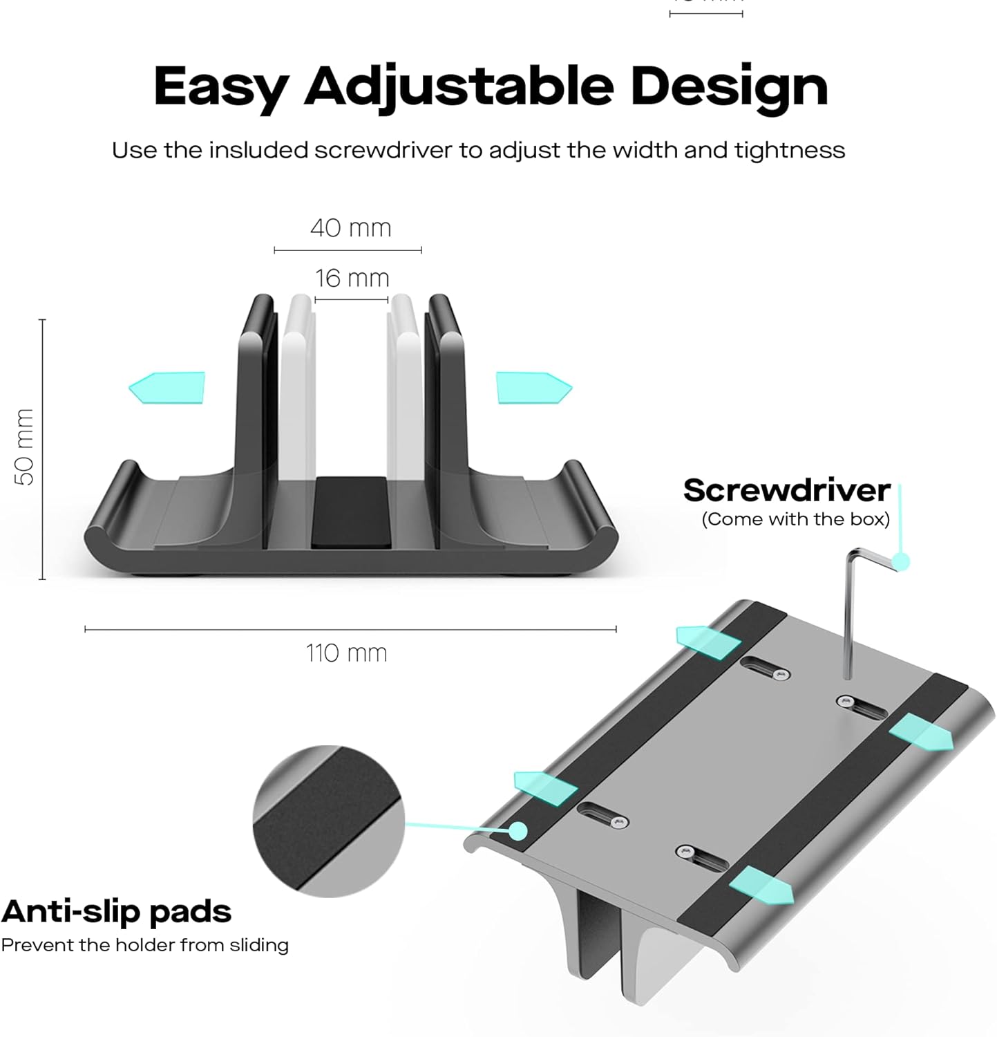 MP Mobile Pixels Upright Laptop Cradle Stand 3-in-1 Design, Adjustable Desktop Aluminum Stand for Smartphones, Tablets