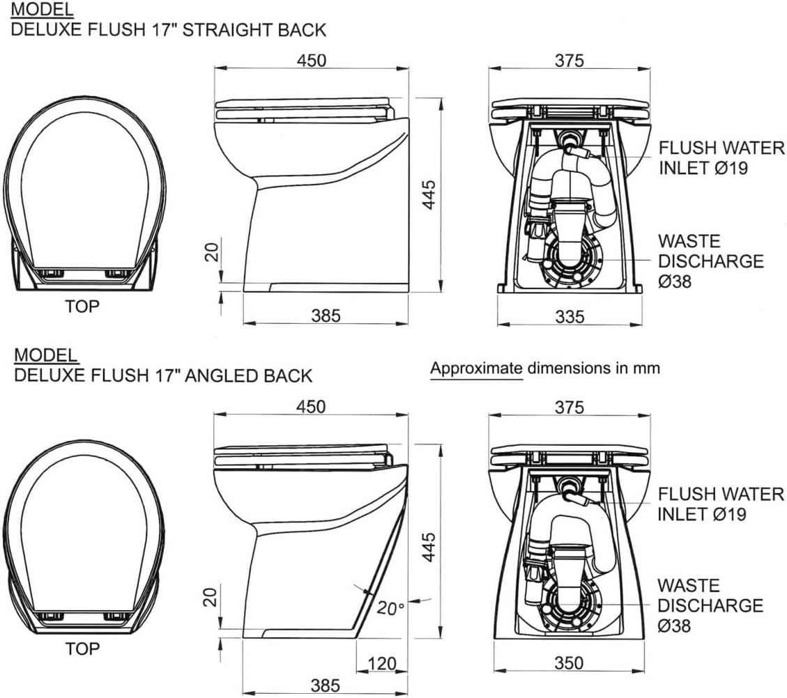 Jabsco Deluxe Flush 17" Angled Back 12V Raw Water Electric Marine Toilet w/Remote Rinse Pump & Soft Close Lid