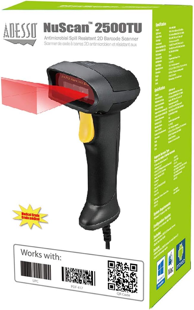 Adesso NuScan 2500TU Spill Resistant Antimicrobial 2D Barcode Scanner - Cable Connectivity - 12in Scan Distance