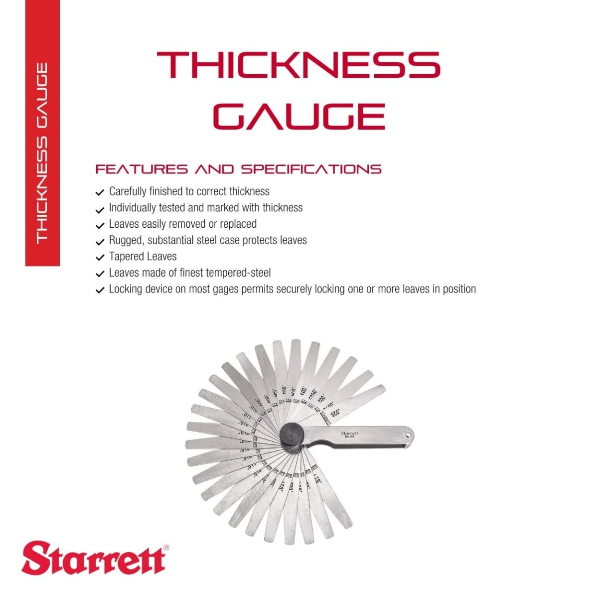 Starrett Tempered Steel English Thickness Gage with Easily Removed Leaves - Ideal for Carpenters and Home Improvement
