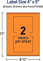 Avery Printable Rectangle Labels, Sure Feed Technology, 4" x 5", Bright Orange, Print-to-The-Edge, Laser/Inkjet Compatible