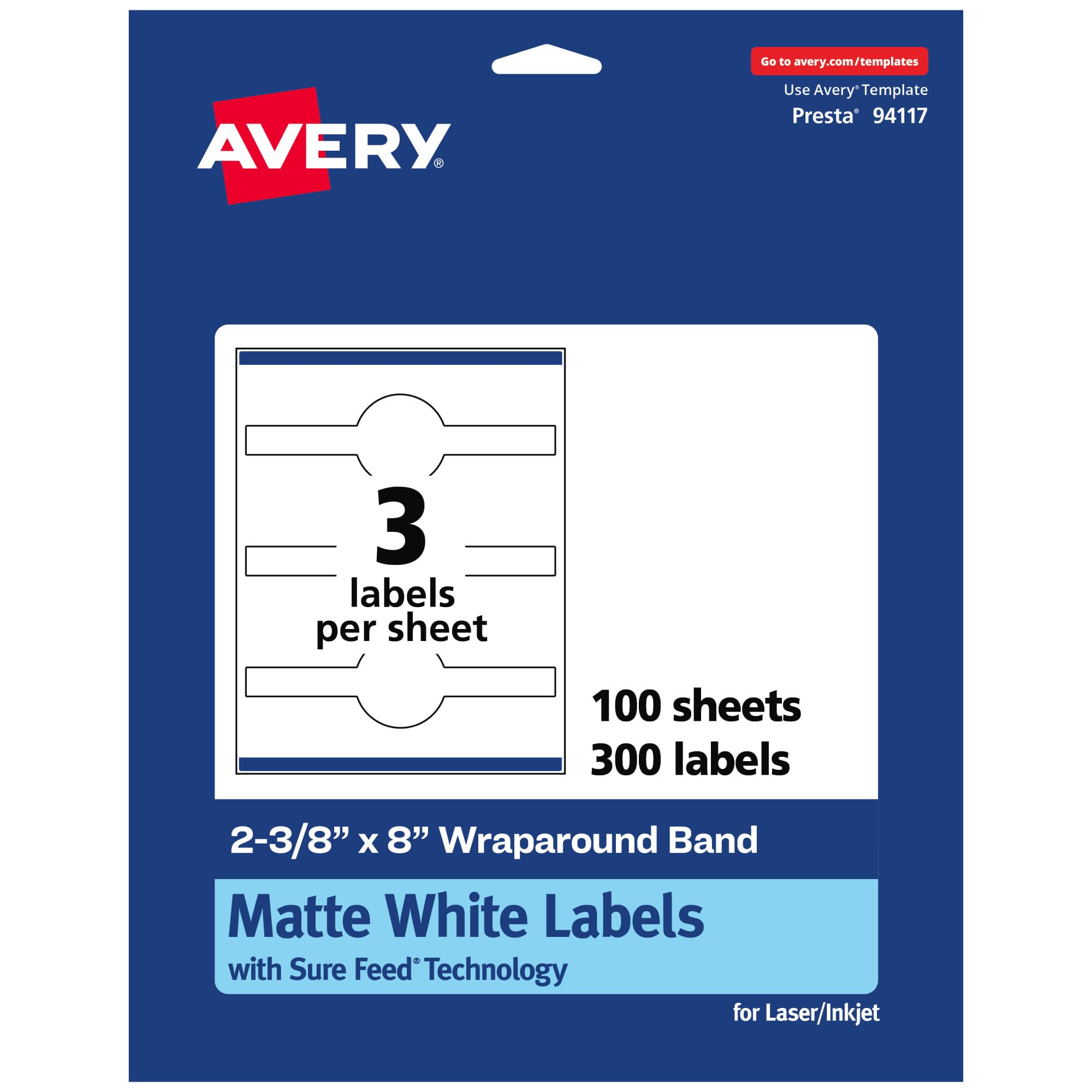 AVERY Matte White Wraparound Band Labels, Sure Feed Technology, 2-3/8" x 8", Cigar Band Labels, Permanent Adhesive - E8162F