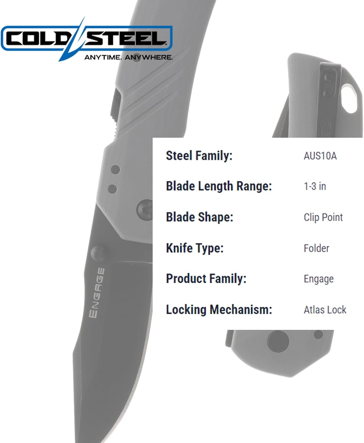 COLD STEEL Engage 3" AUS10A Clip Point Folding Knife with Atlas Lock