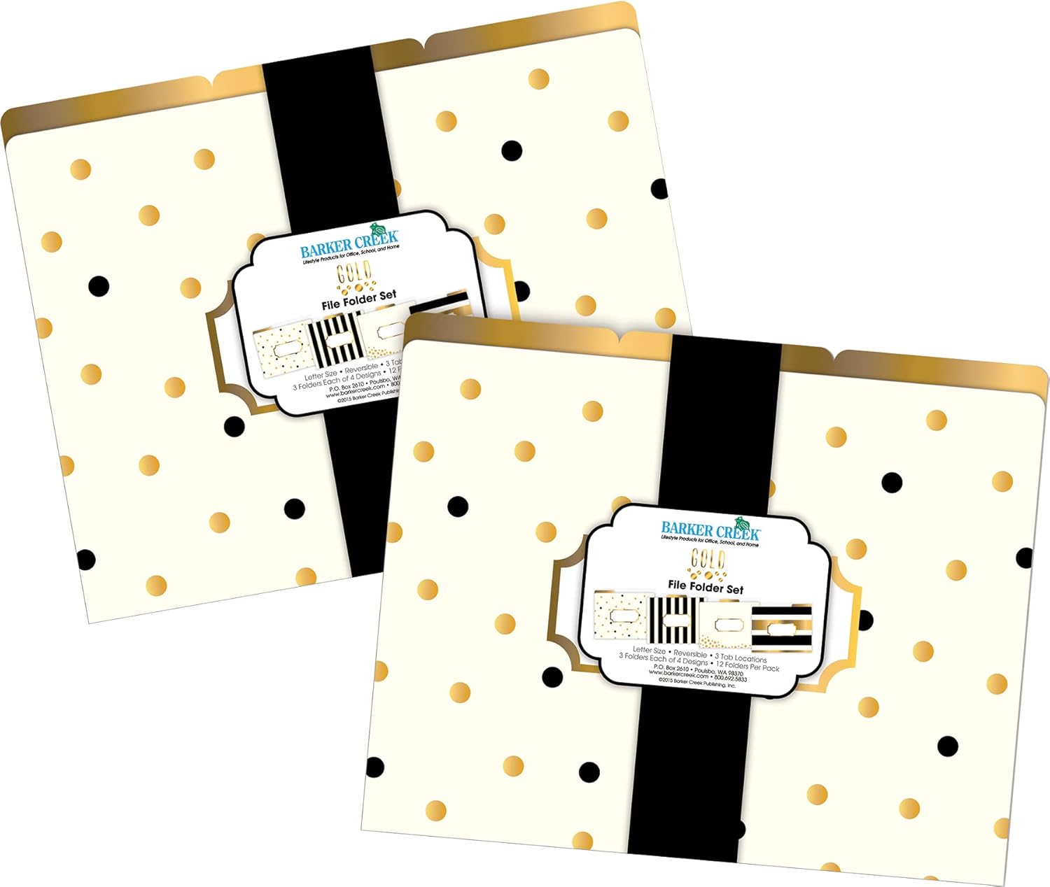 BARKER CREEK Designer File Folders Set of 24, Gold, Multi-Design Set with Gold Designs on Outside