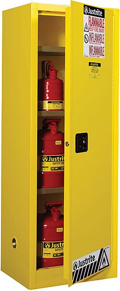 Justrite 22 Gallon Manual Close Slimline Flammable Storage Cabinet, 18 Gauge Steel, 3 Shelves, 2 Door Fire Cabinet