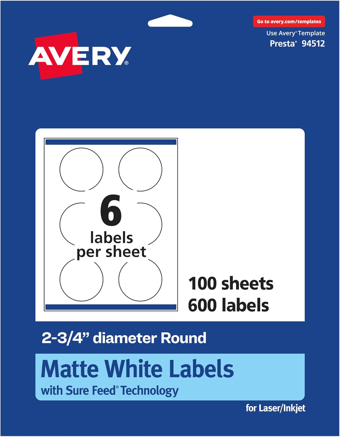 Avery Matte White Round Labels, Sure Feed Technology, 2.75" Diameter