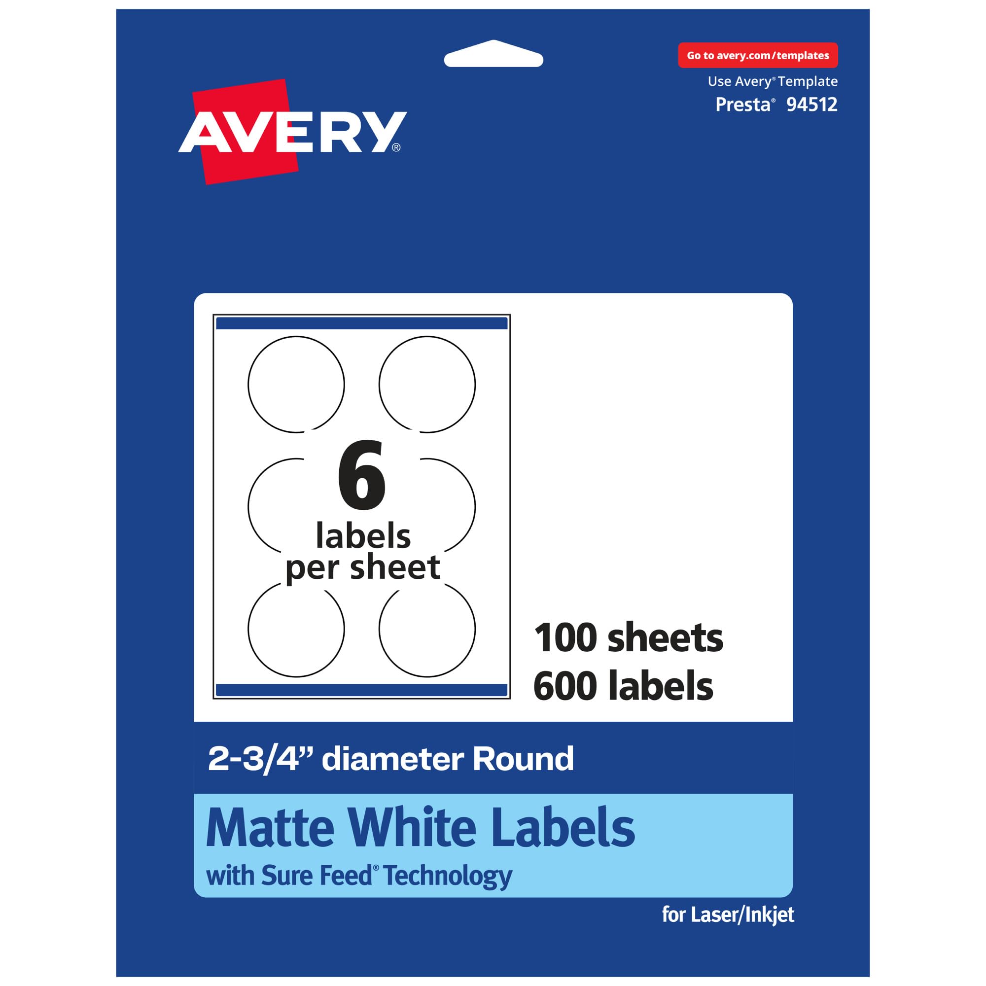 Avery Matte White Round Labels, Sure Feed Technology, 2.75" Diameter