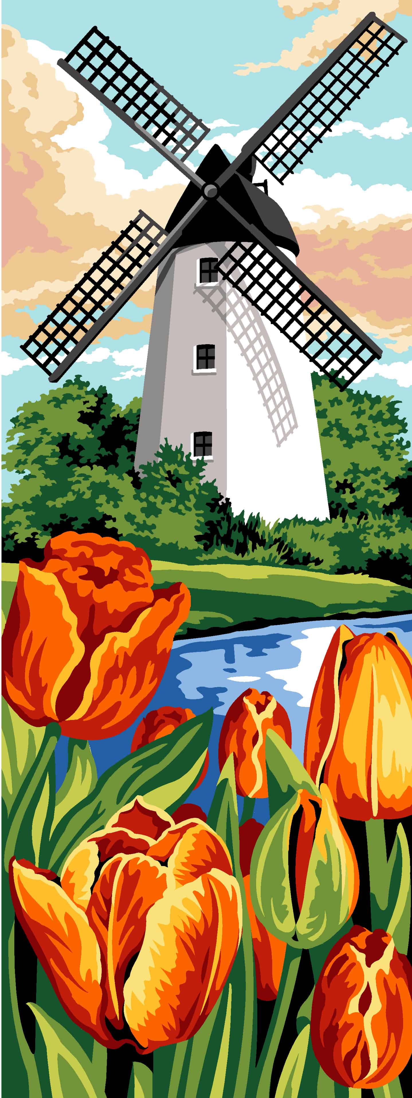 Tulipani e Mulino al Tramonto - Tela Mezzopunto prestamata