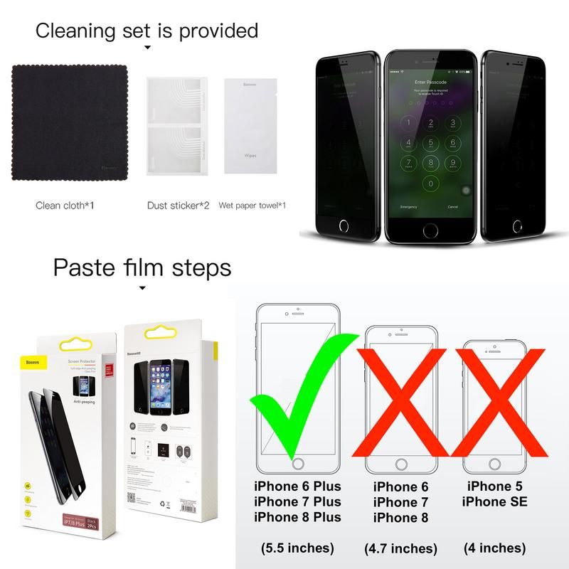 Baseus 0.23mm Privacy Curved Glass Screen Protector iPhone 6P,7P,8P (2PCS)B