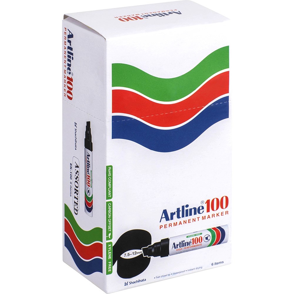 Artline 100 Jumbo Permanent Markers Chisel 12mm Assorted Colours Pack  Of 6