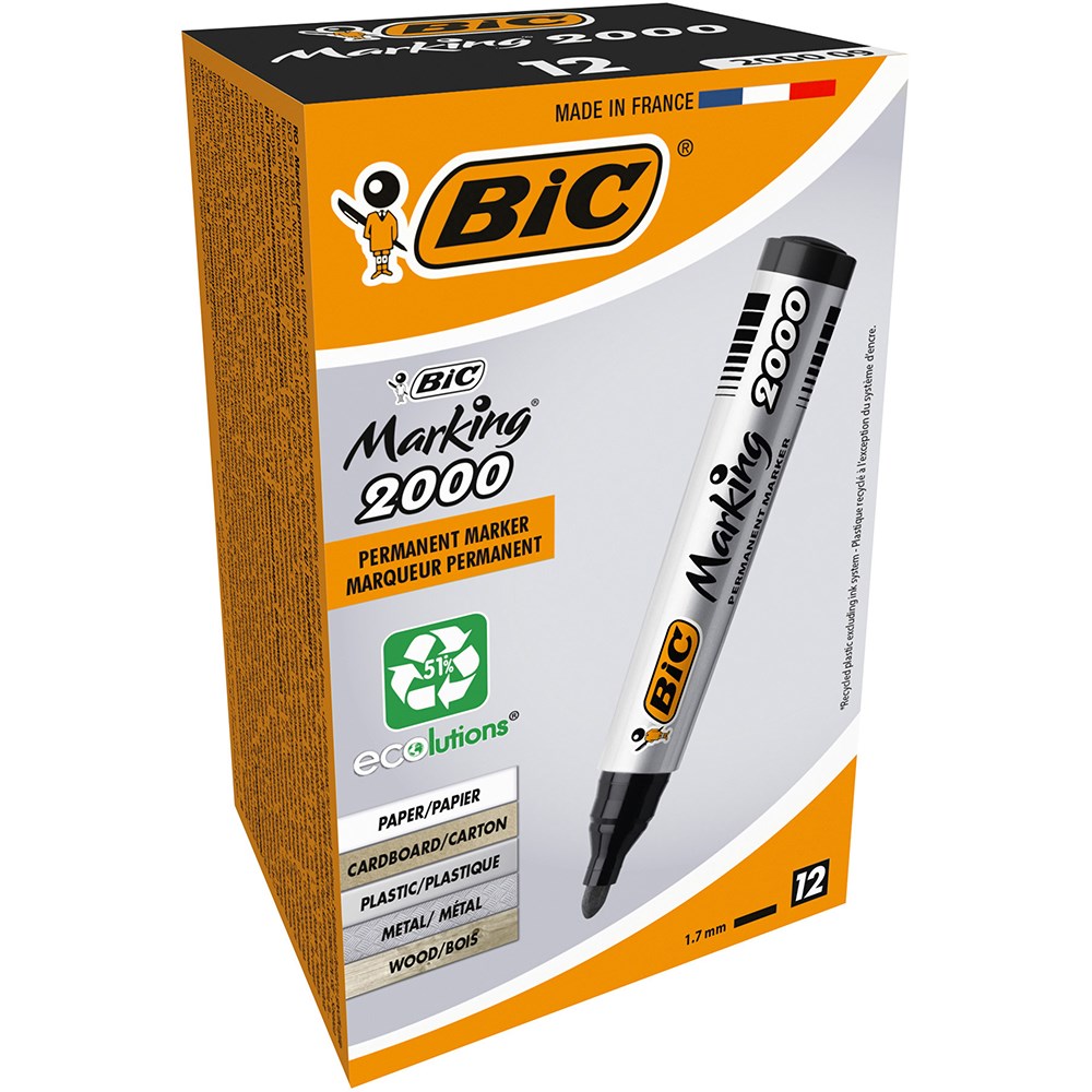 Bic 2000 Marking Permanent Markers Bullet 1.7mm Black Pack  of 12
