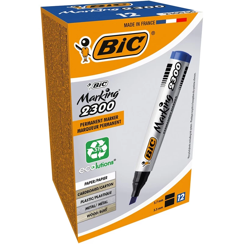 Bic 2300 Marking Permanent Markers Chisel 3.7-5.5mm Blue Pack  of 12