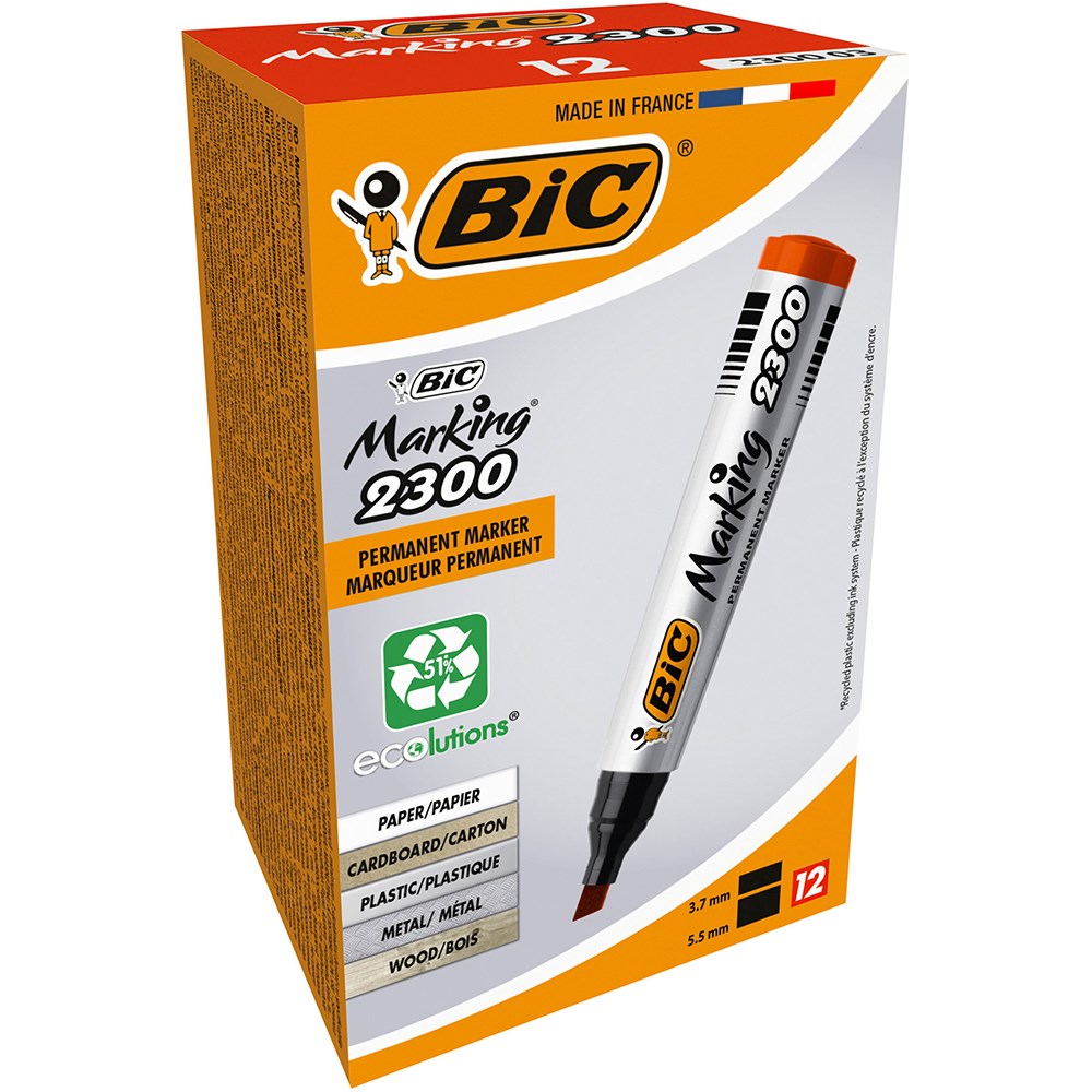 Bic 2300 Marking Permanent Markers Chisel 3.7-5.5mm Red Pack  of 12