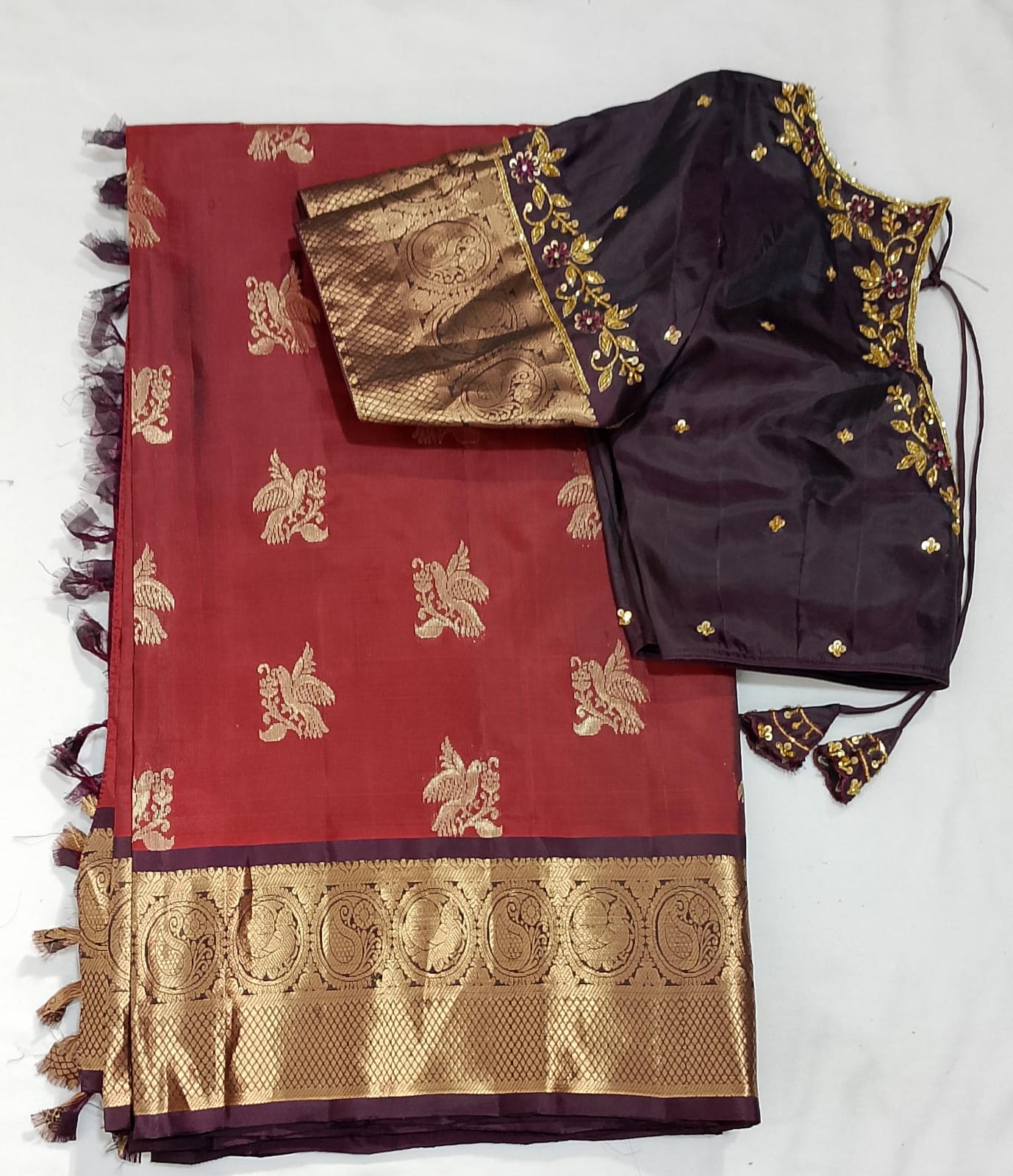 N193: Ready To Ship Beautiful Pure Kanchipattu Saree With Stitched Maggam Work Blouse