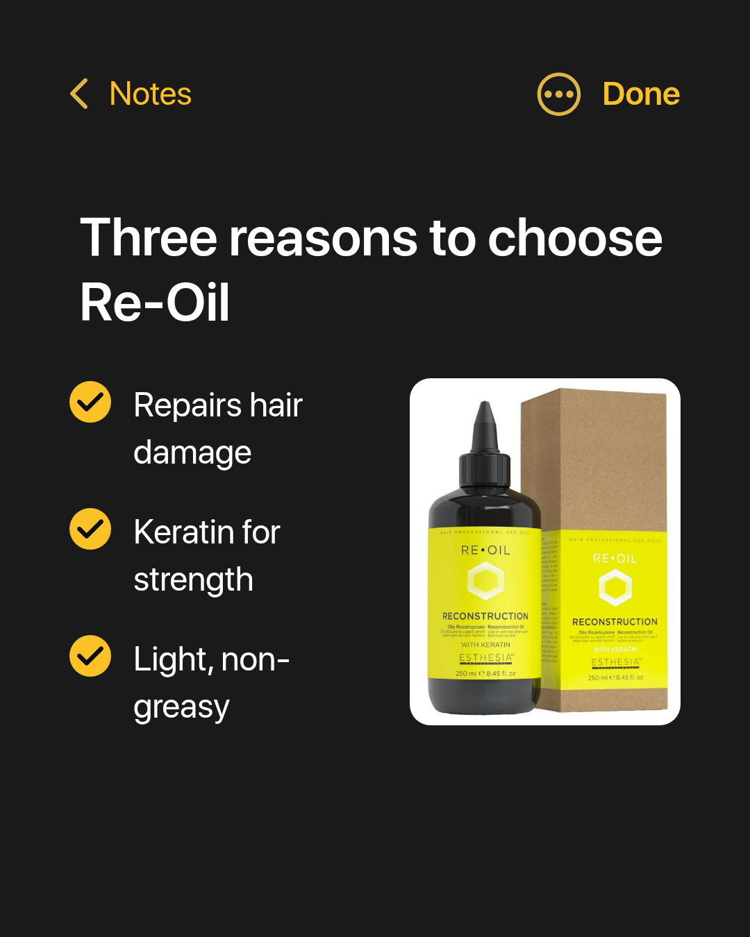 Re-Oil Reconstruction Oil With Keratin Esthesia for repairing and adding shine to hair Re-Oil Reconstruction Oil With Keratin Esthesia for repairing and adding shine to hair