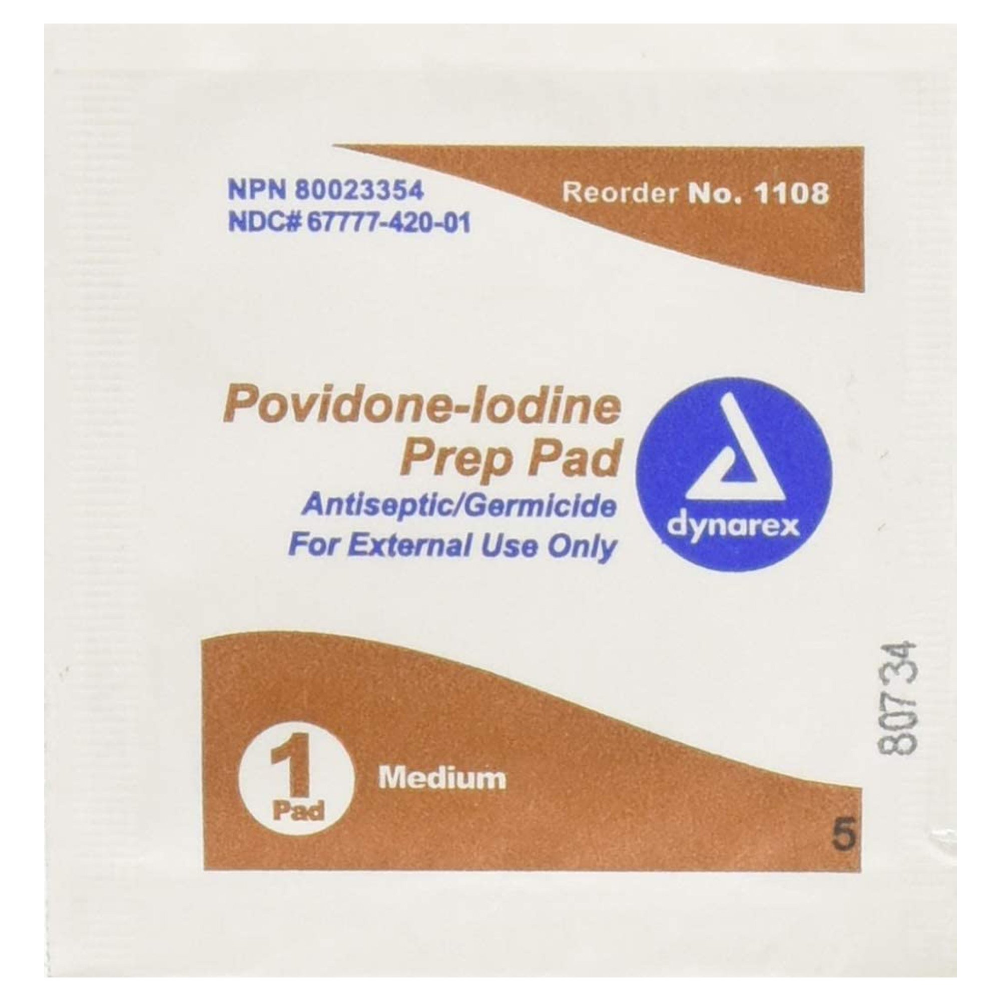 Dynarex® PVP Prep Pads, 10% Povidone-Iodine, Medium, NonSterile (CS/10BX/100EA)