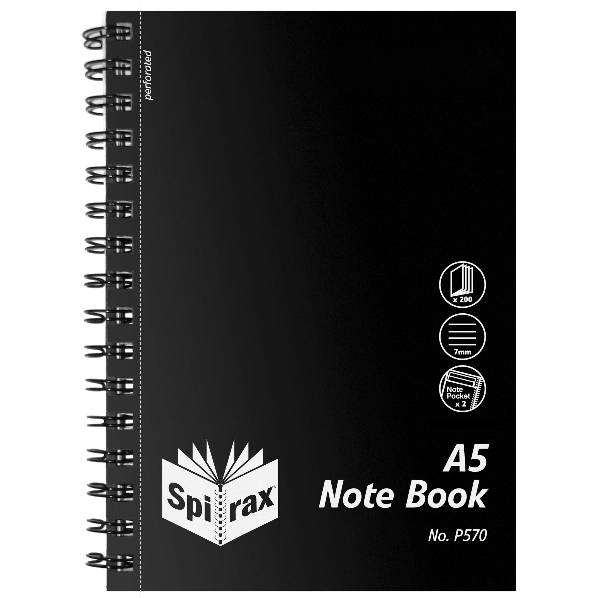 Spirax P570 Notebook Poly Cover With Note Pockets A5 Ruled 200 Page Side Open Black
